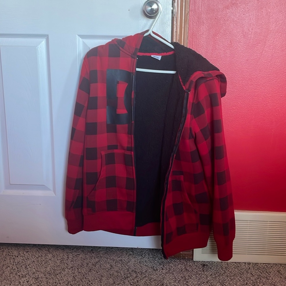 Red and black plaid DC zip up hoodie